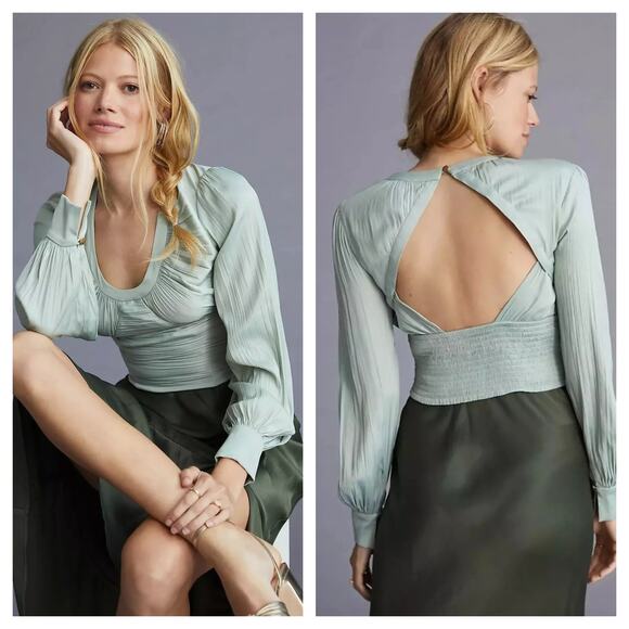 Anthropologie Tops - [Anthropologie] Sage Green Smocked Back Blouson Sleeve Blouse Size Medium M